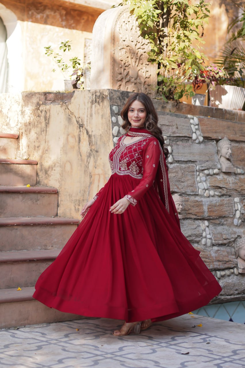 Chamvika Maroon Embroidered Gown Set with Dupatta – long gown for women, party wear gown for wedding, Indian gown for women, maroon gown for engagement, full sleeve ethnic gown, designer gown with dupatta, sequin gown for festival, traditional wear for women, Indo western gown online, stylish Indian dress for sangeet function, ready-to-wear ethnic gown for women.