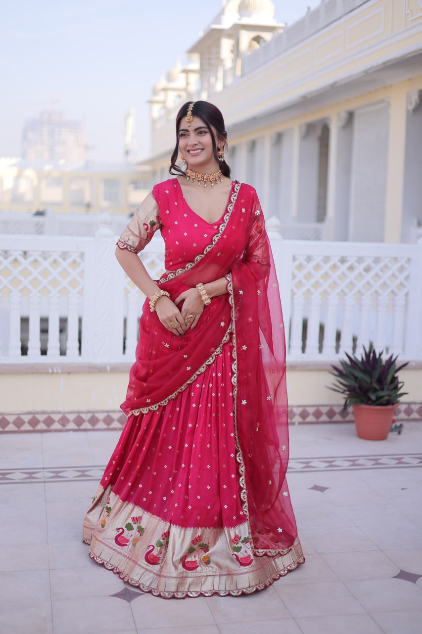 Charumati Pink Dola Silk Weaving Sequins  Embroidered Half-Saree Lehenga