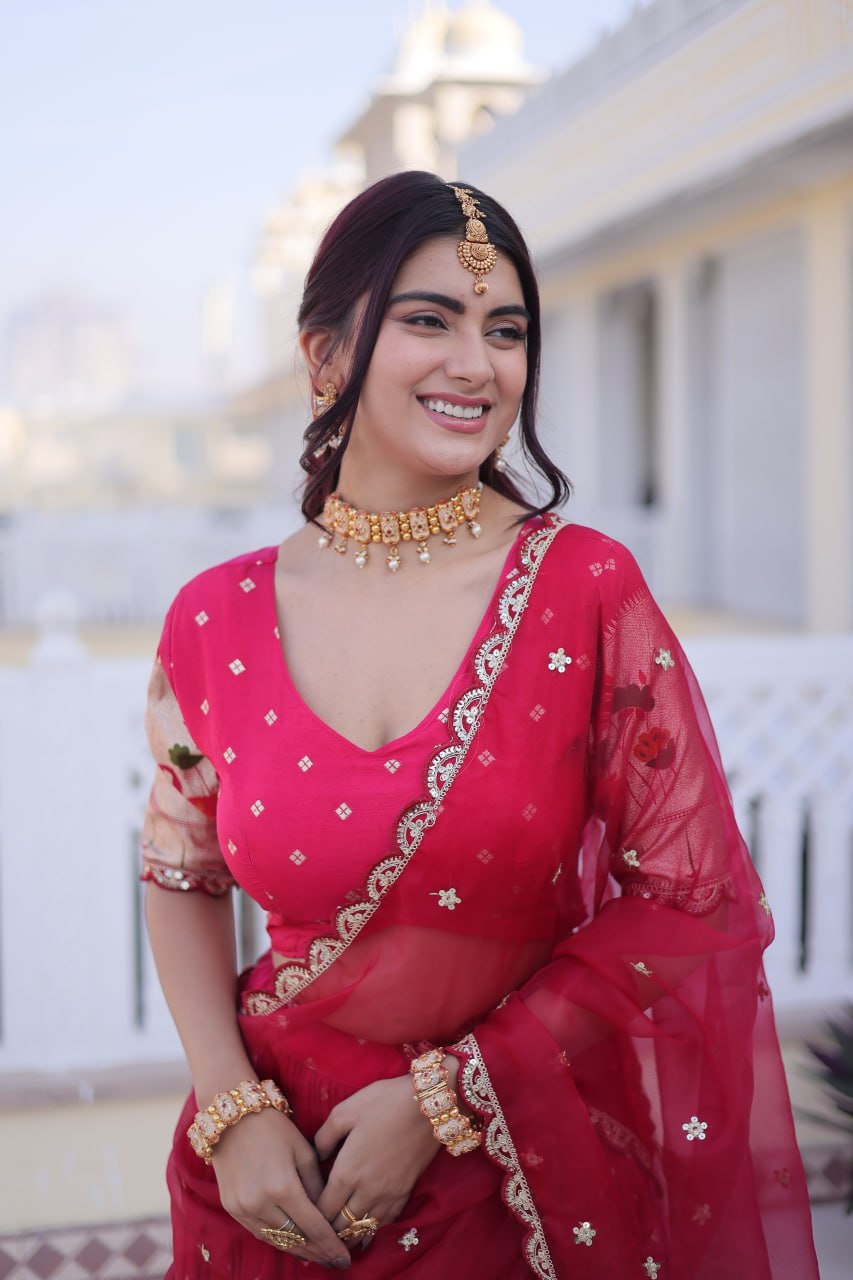 Charumati Pink Dola Silk Weaving Sequins  Embroidered Half-Saree Lehenga