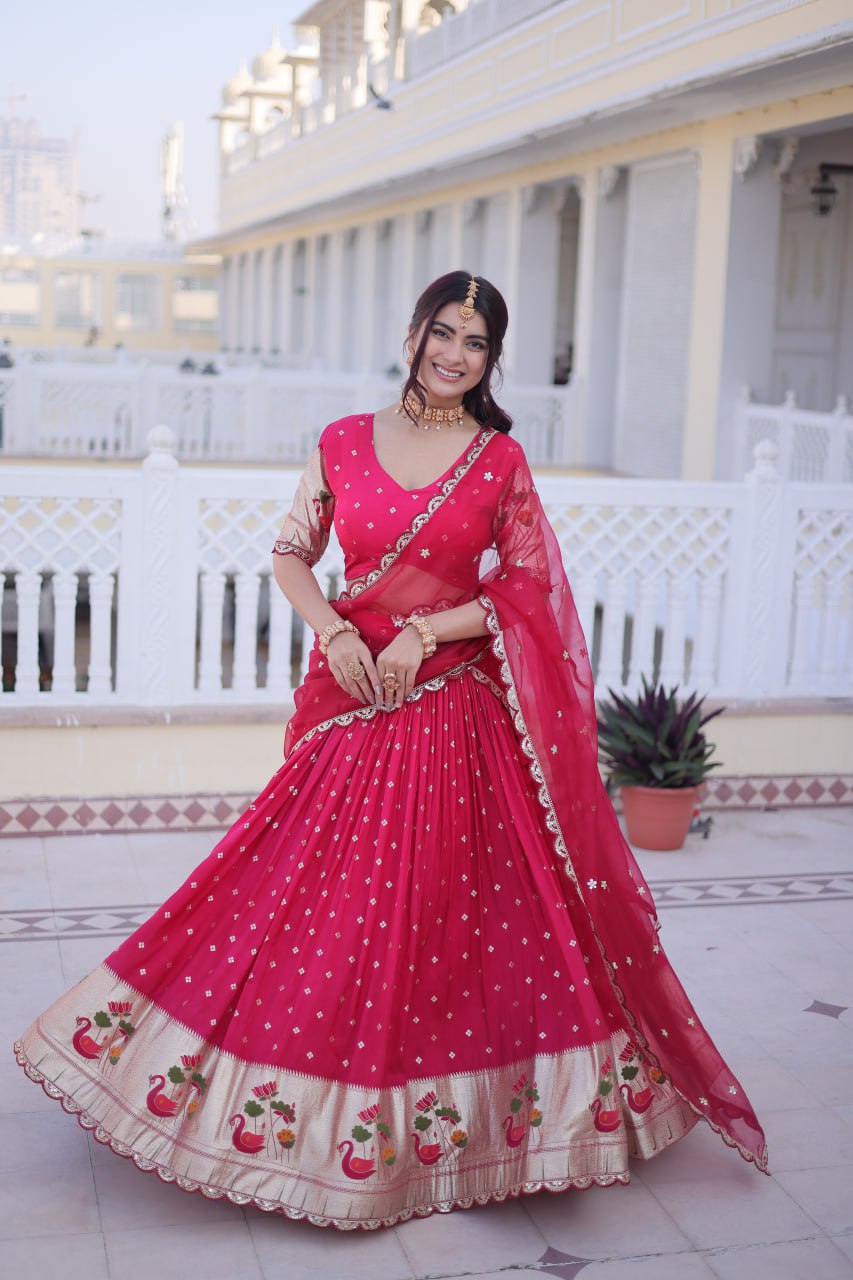 Charumati Pink Dola Silk Weaving Sequins  Embroidered Half-Saree Lehenga