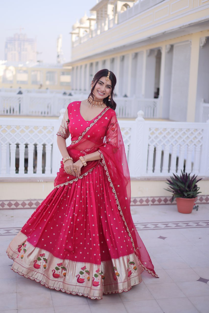 Charumati Pink Dola Silk Weaving Sequins  Embroidered Half-Saree Lehenga