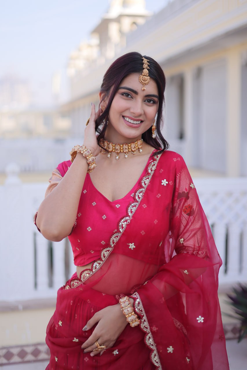 Charumati Pink Dola Silk Weaving Sequins  Embroidered Half-Saree Lehenga