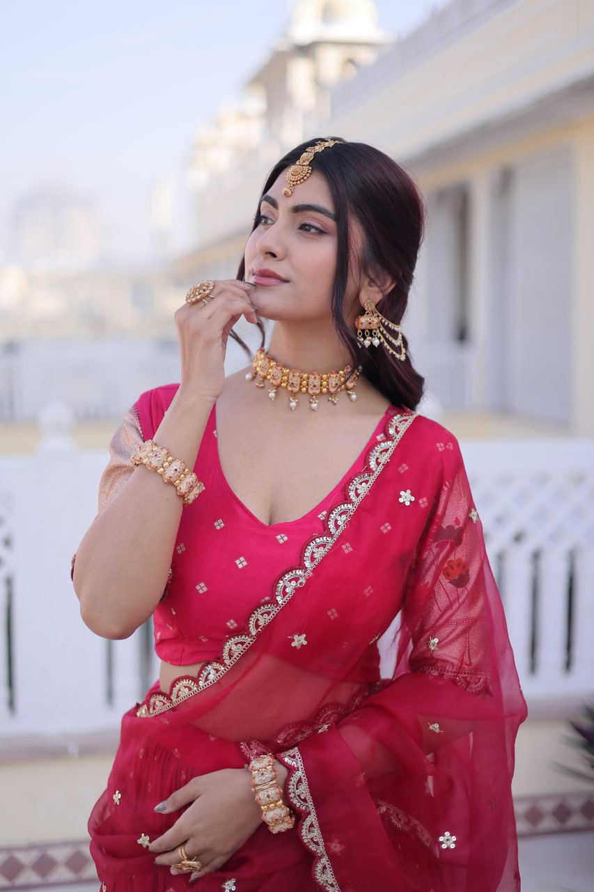 Charumati Pink Dola Silk Weaving Sequins  Embroidered Half-Saree Lehenga