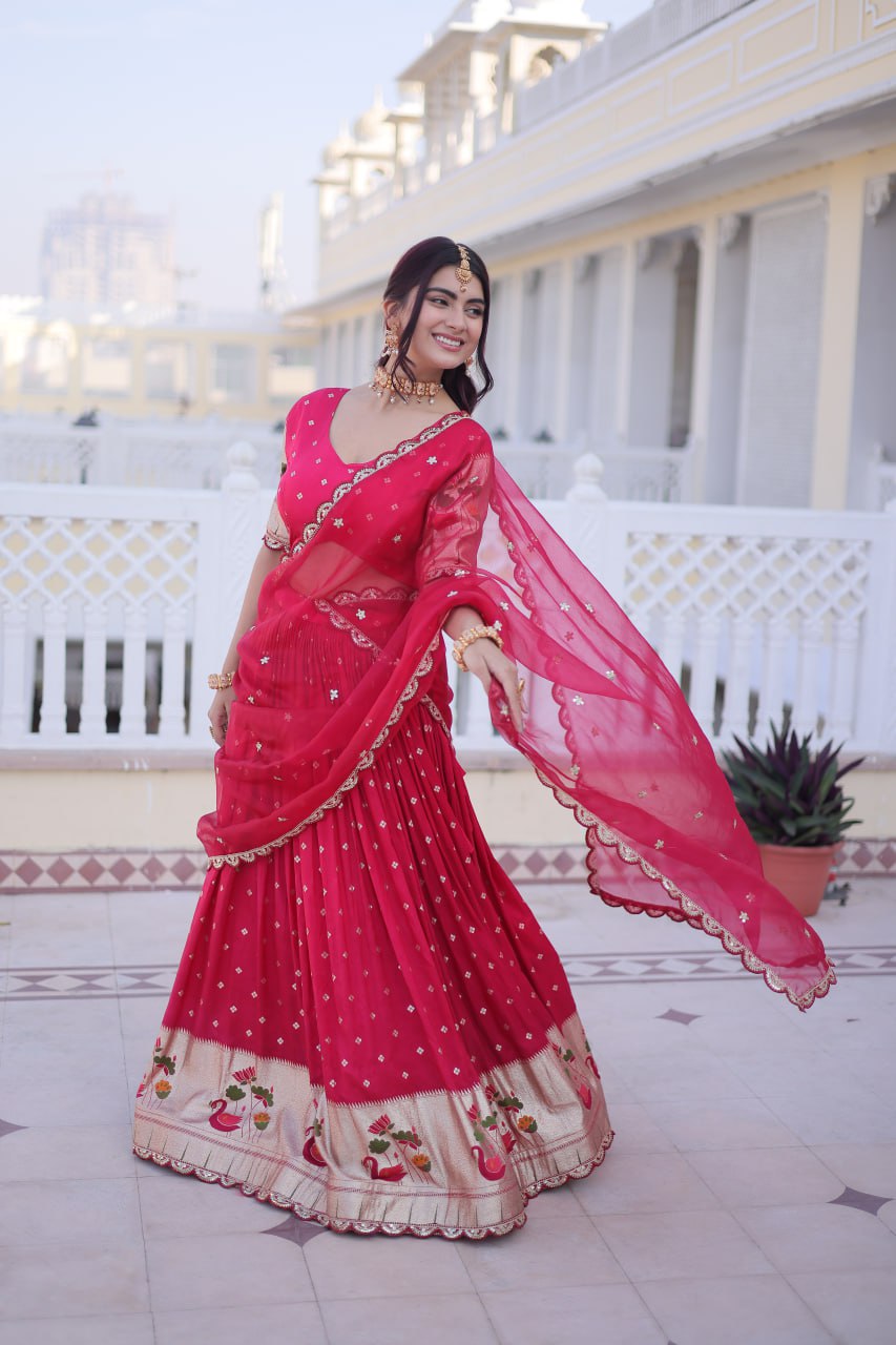 Charumati Pink Dola Silk Weaving Sequins  Embroidered Half-Saree Lehenga