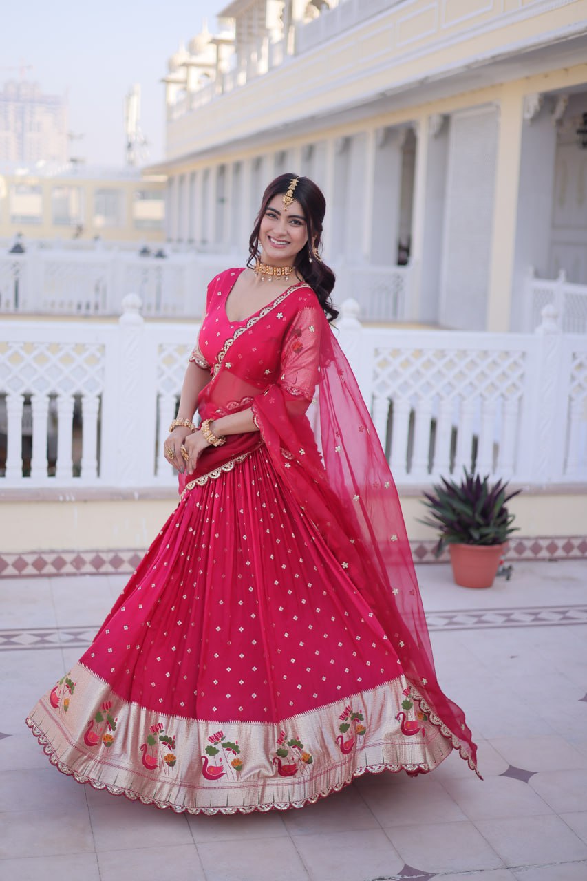 Charumati Pink Dola Silk Weaving Sequins  Embroidered Half-Saree Lehenga