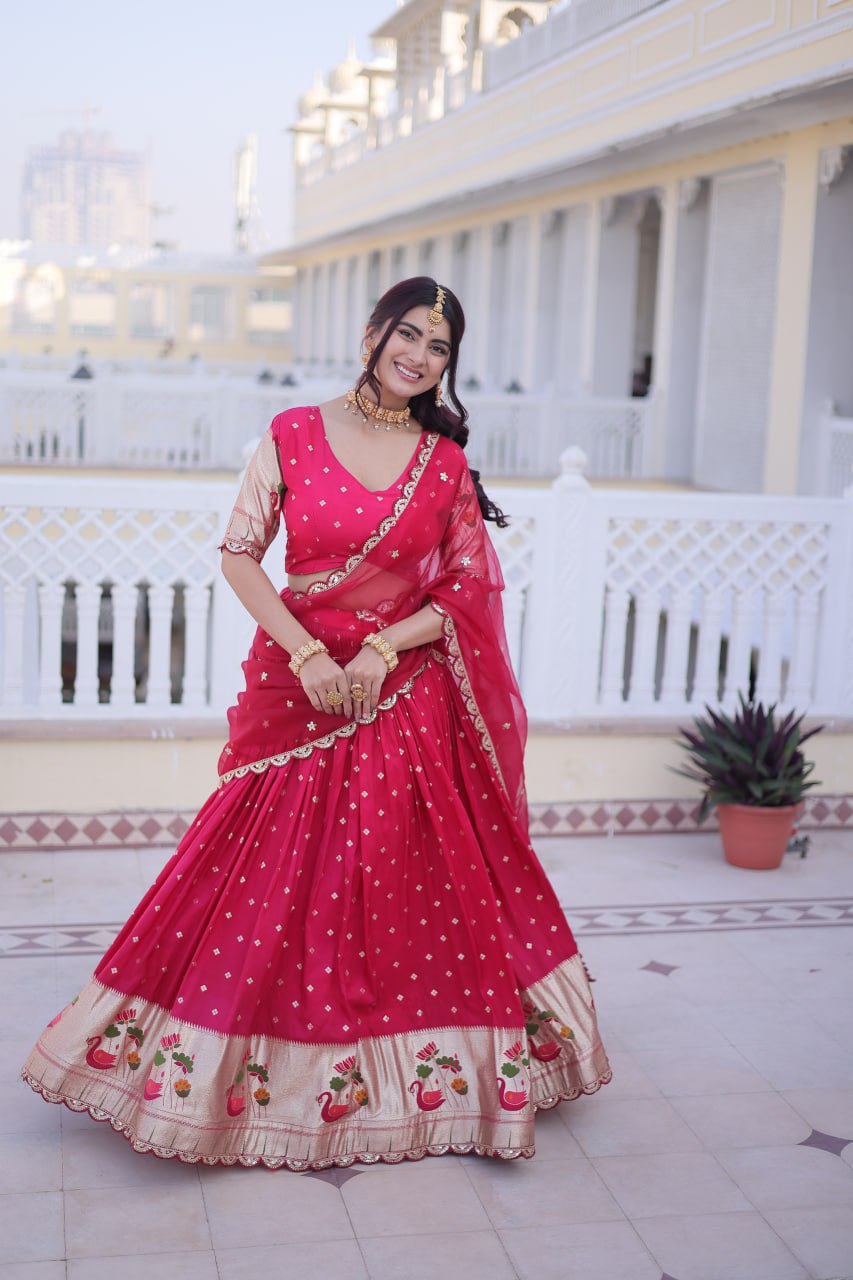 Charumati Pink Dola Silk Weaving Sequins  Embroidered Half-Saree Lehenga