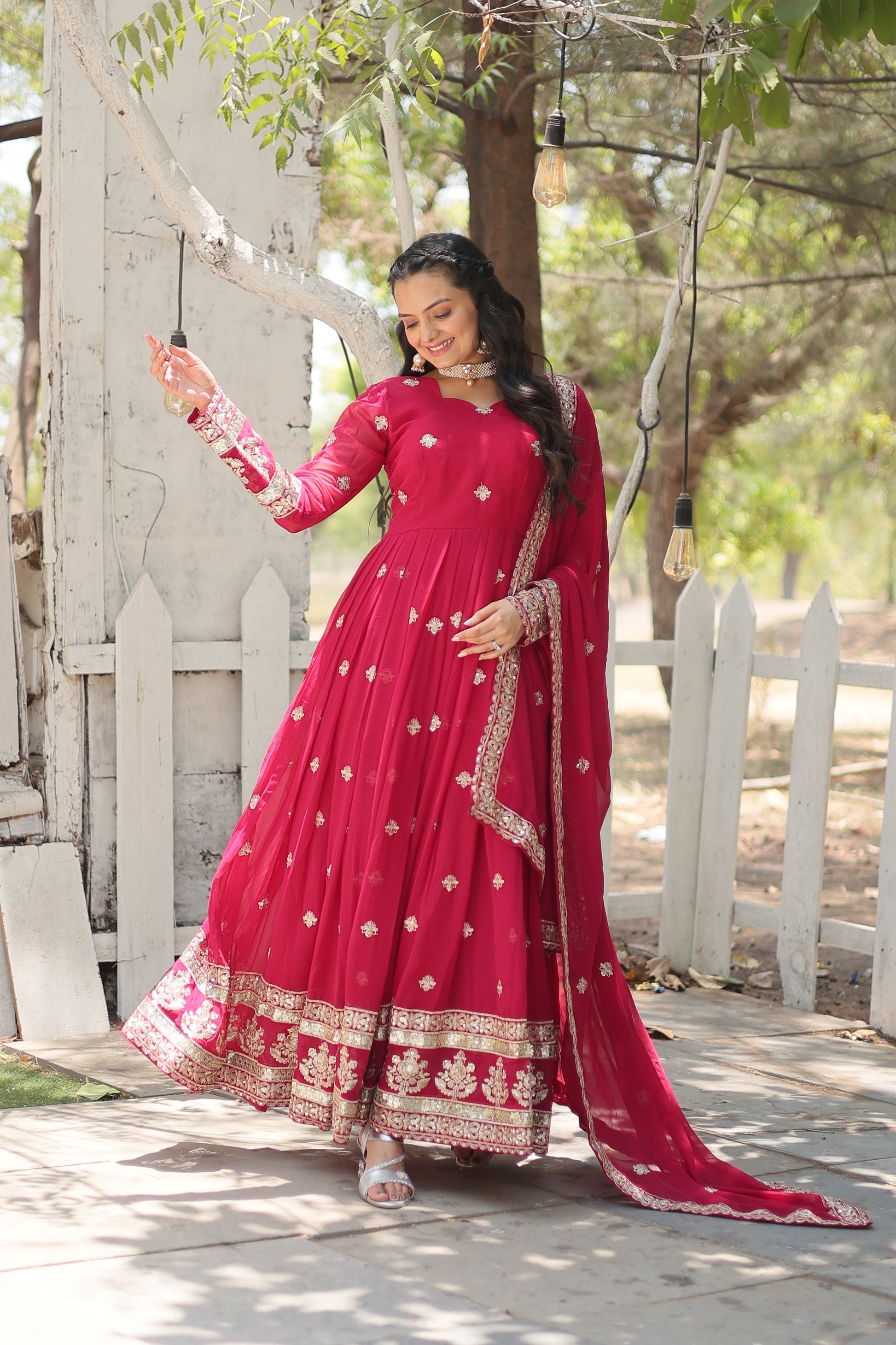 Charvi Pink Embroidered Flared Anarkali Gown Set