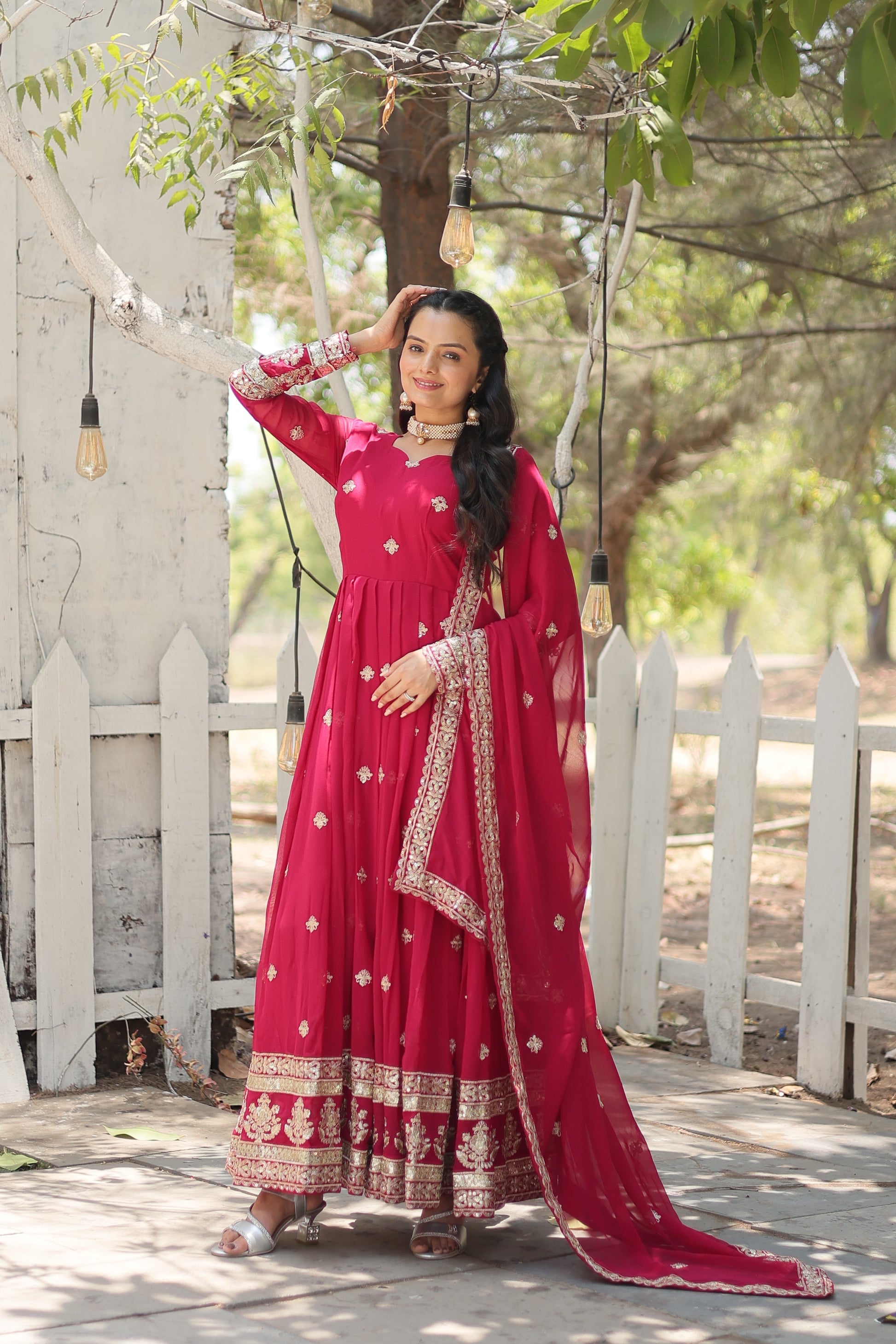 Charvi Pink Embroidered Flared Anarkali Gown Set