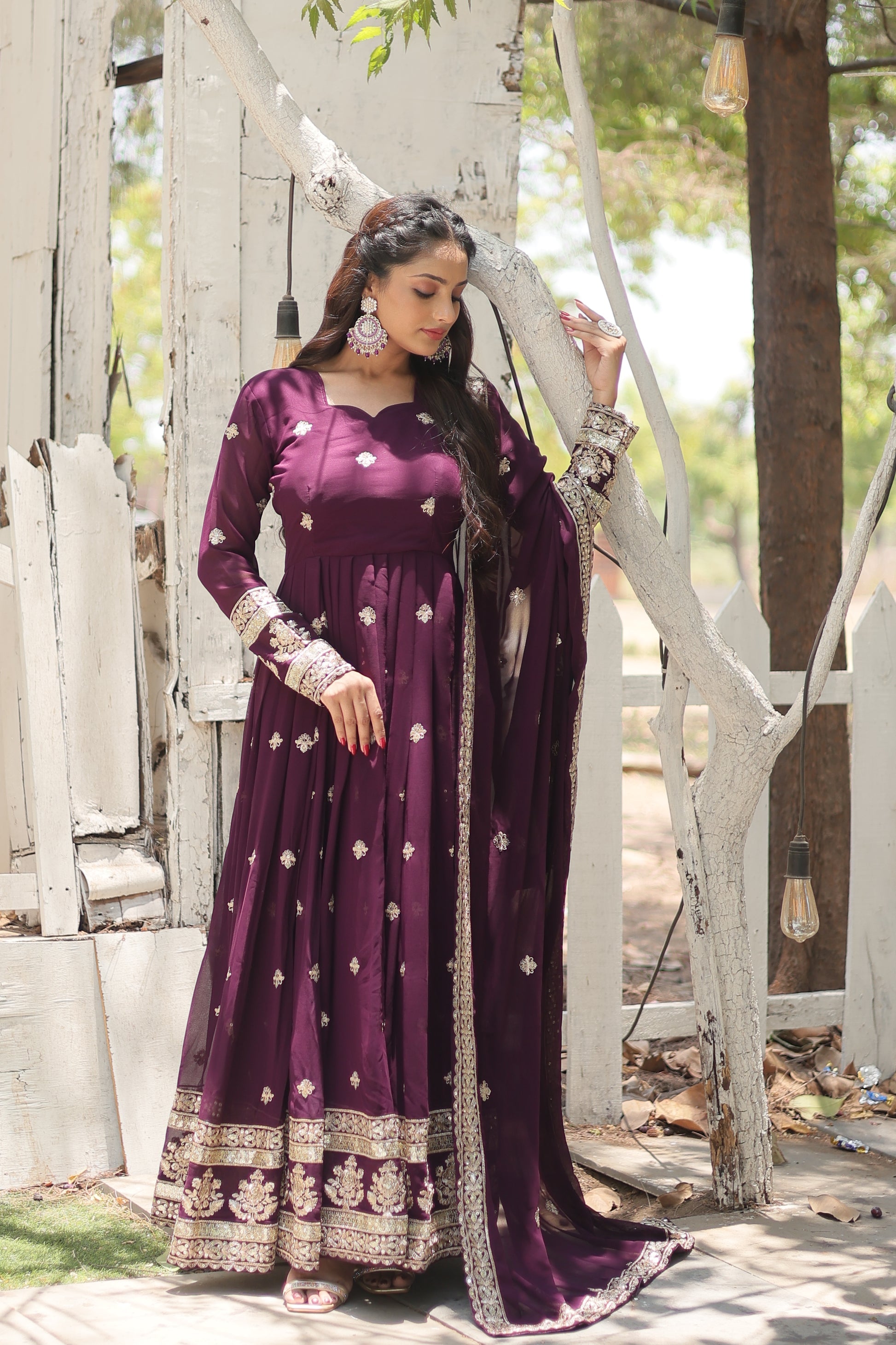 Charvi Purple Embroidered Flared Anarkali Gown Set