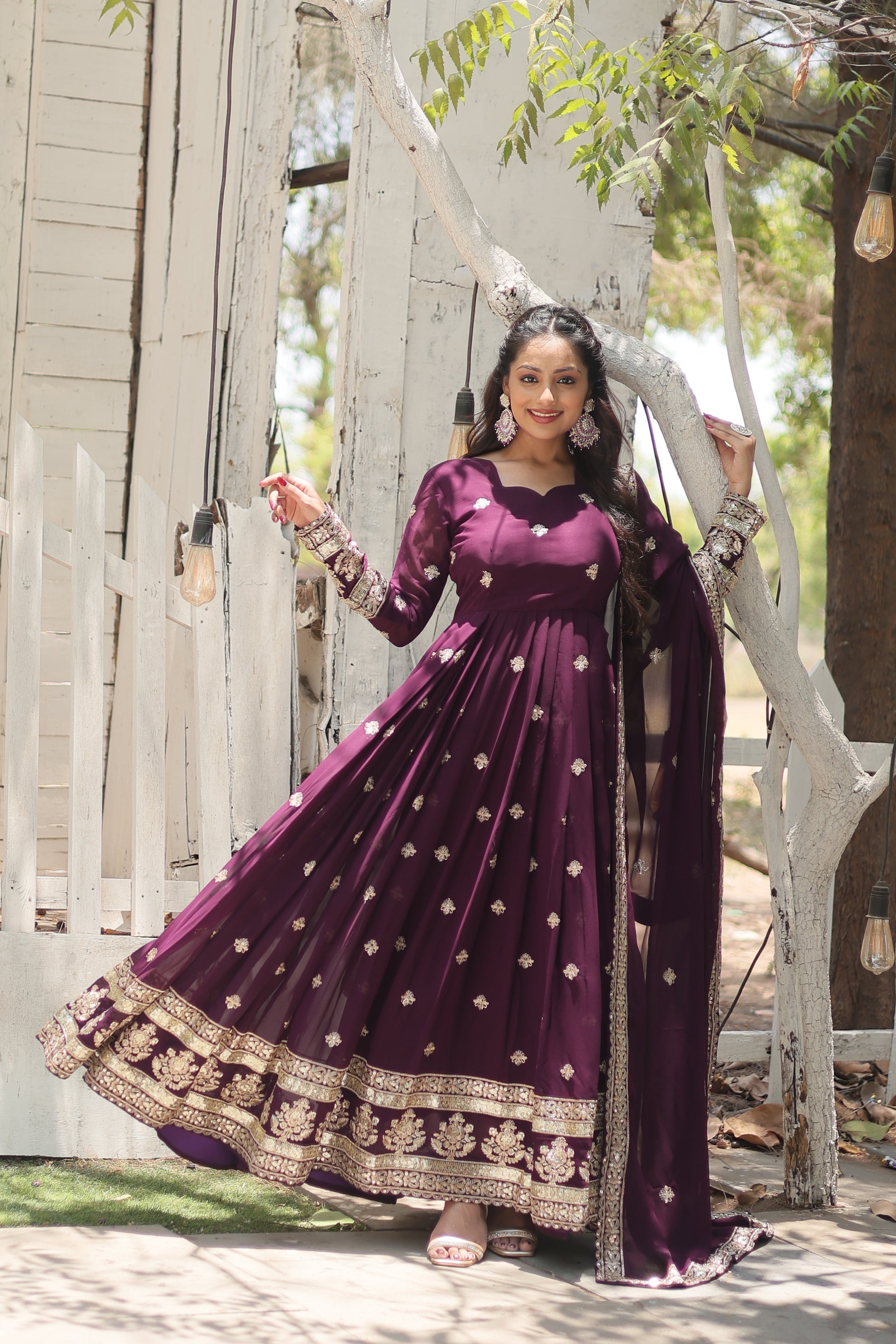 Charvi Purple Embroidered Flared Anarkali Gown Set