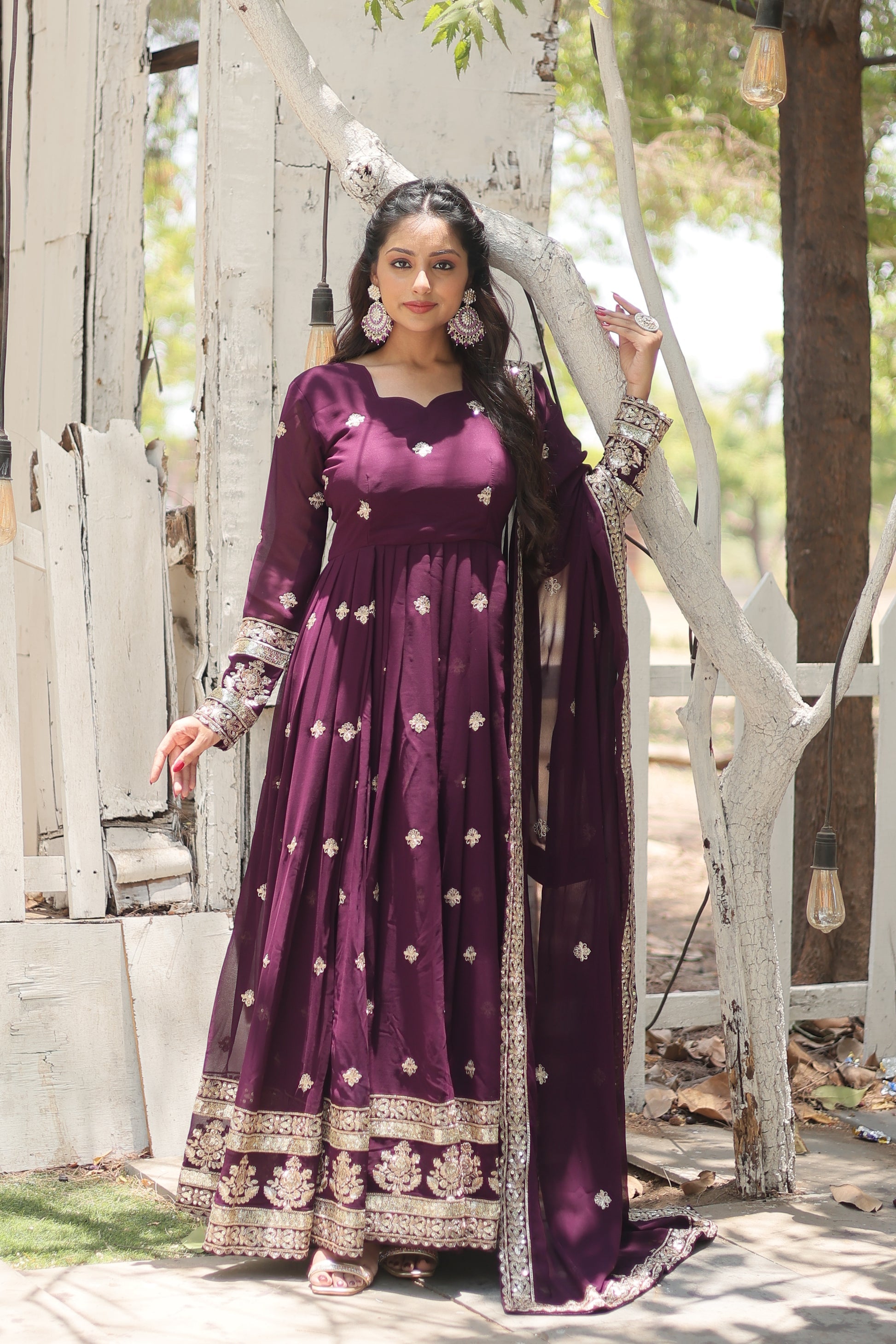 Charvi Purple Embroidered Flared Anarkali Gown Set