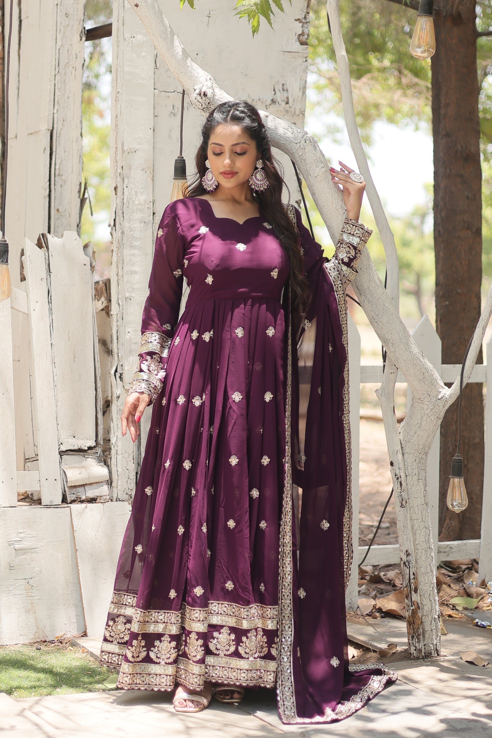 Charvi Purple Embroidered Flared Anarkali Gown Set