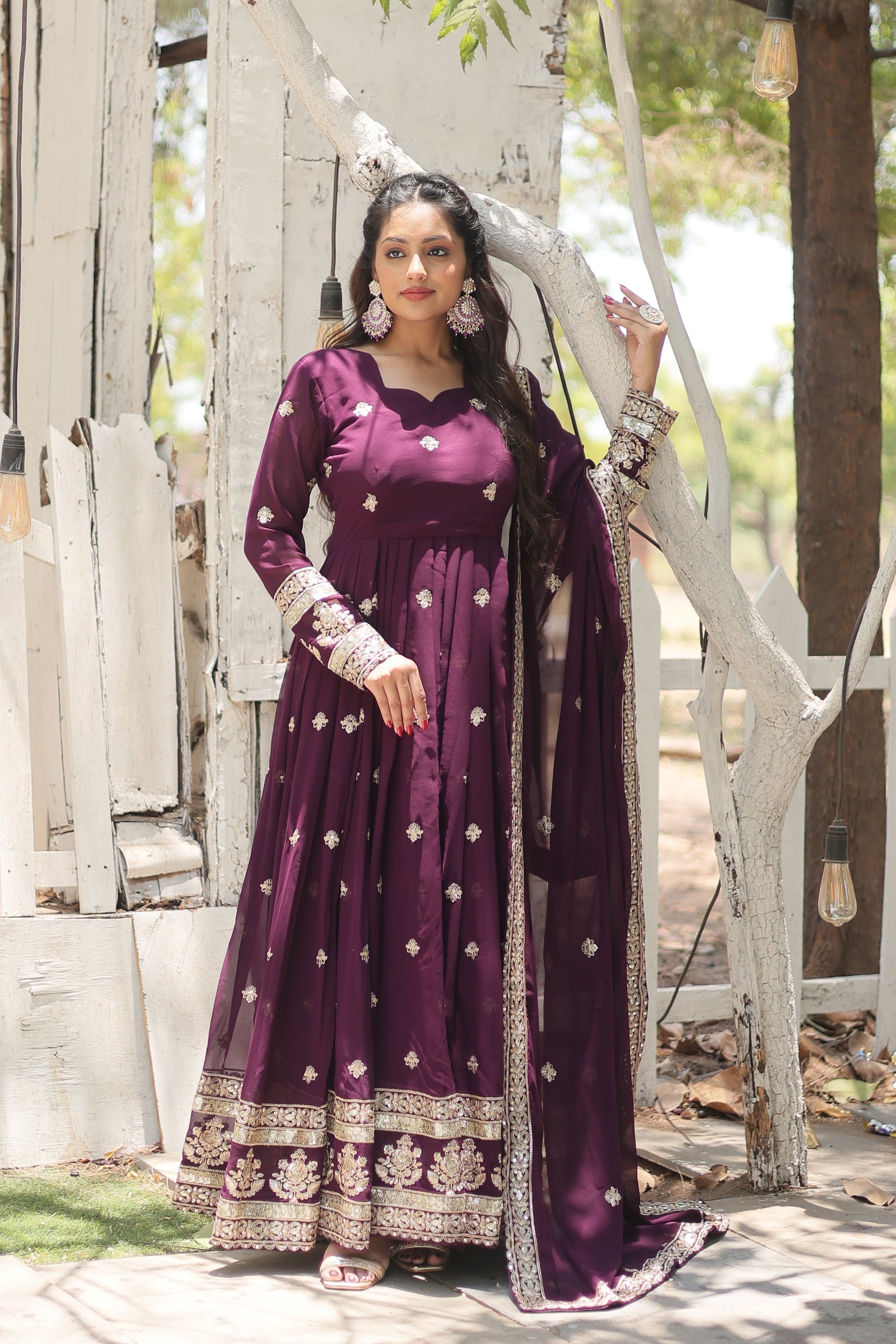 Charvi Purple Embroidered Flared Anarkali Gown Set