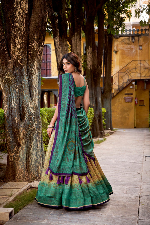 Chitra green Vichitra silk printed lehenga choli with dupatta