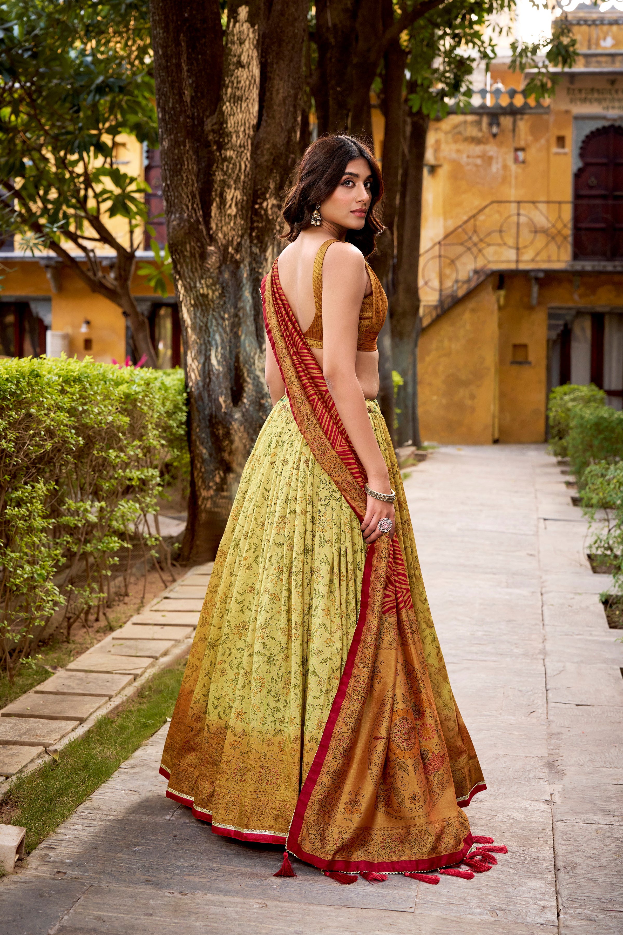 Chitra Mustard Yellow Color Vichitra Silk Printed Lehenga Choli With Dupatta