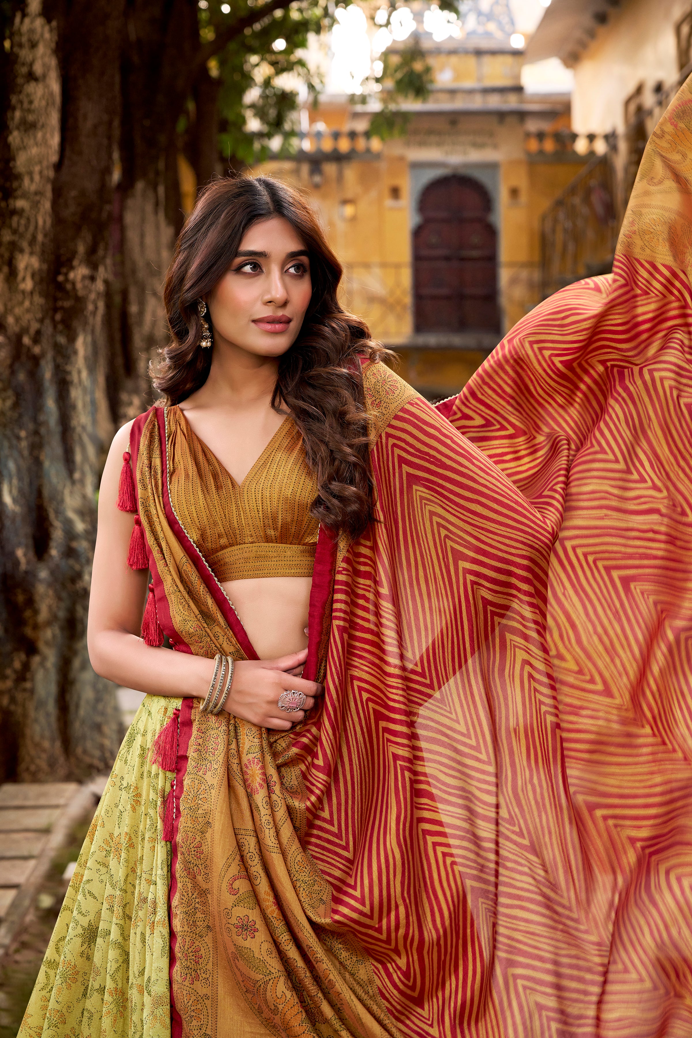 Chitra Mustard Yellow Color Vichitra Silk Printed Lehenga Choli With Dupatta