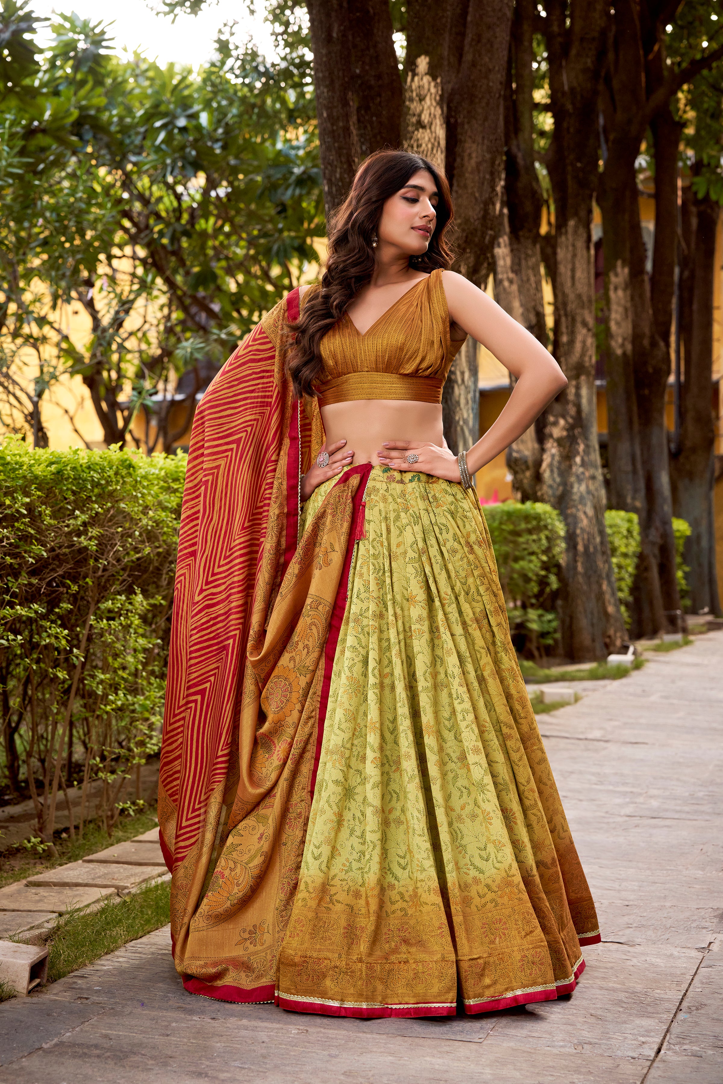 Chitra Mustard Yellow Color Vichitra Silk Printed Lehenga Choli With Dupatta