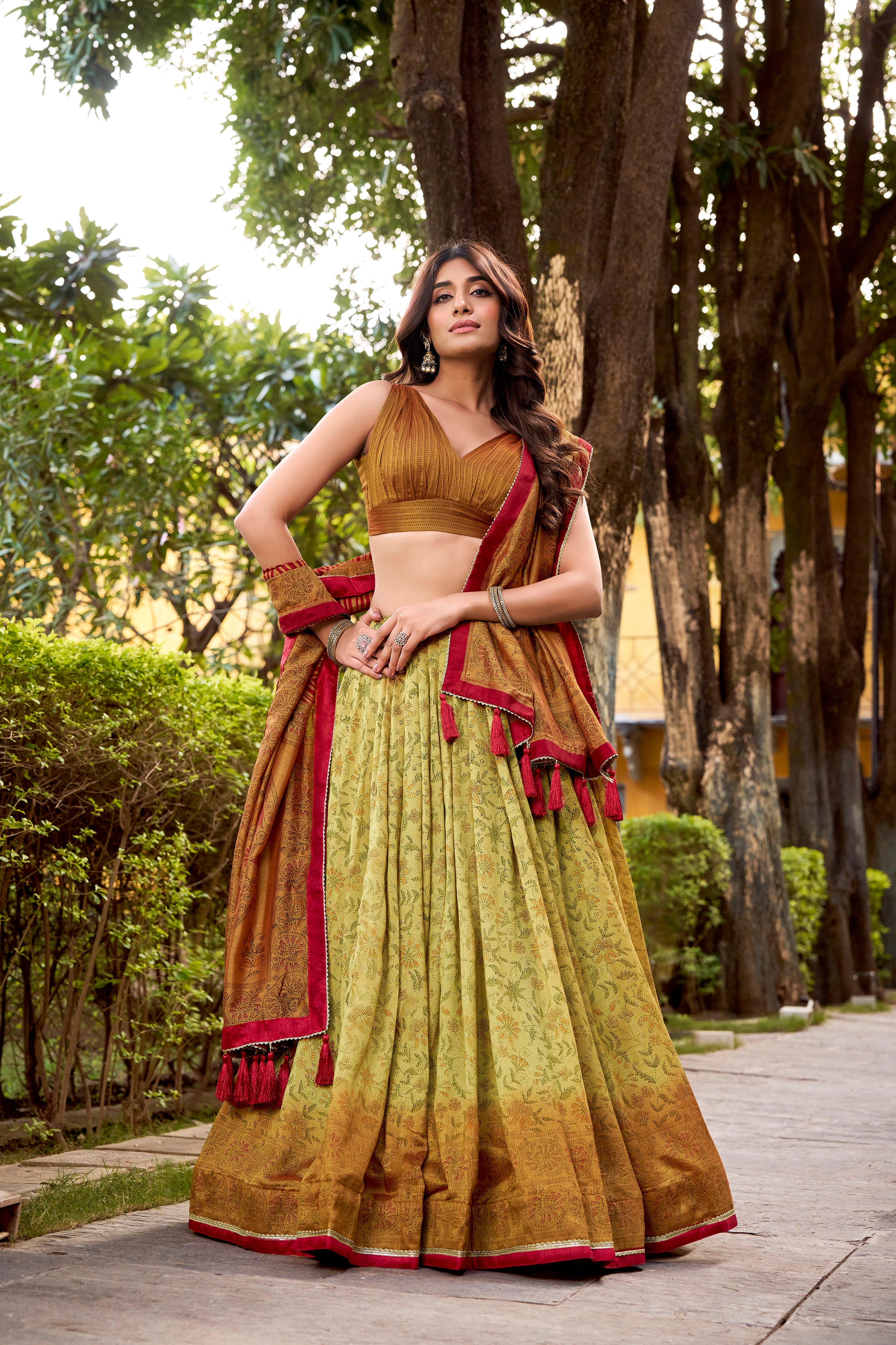 Chitra Mustard Yellow Color Vichitra Silk Printed Lehenga Choli With Dupatta
