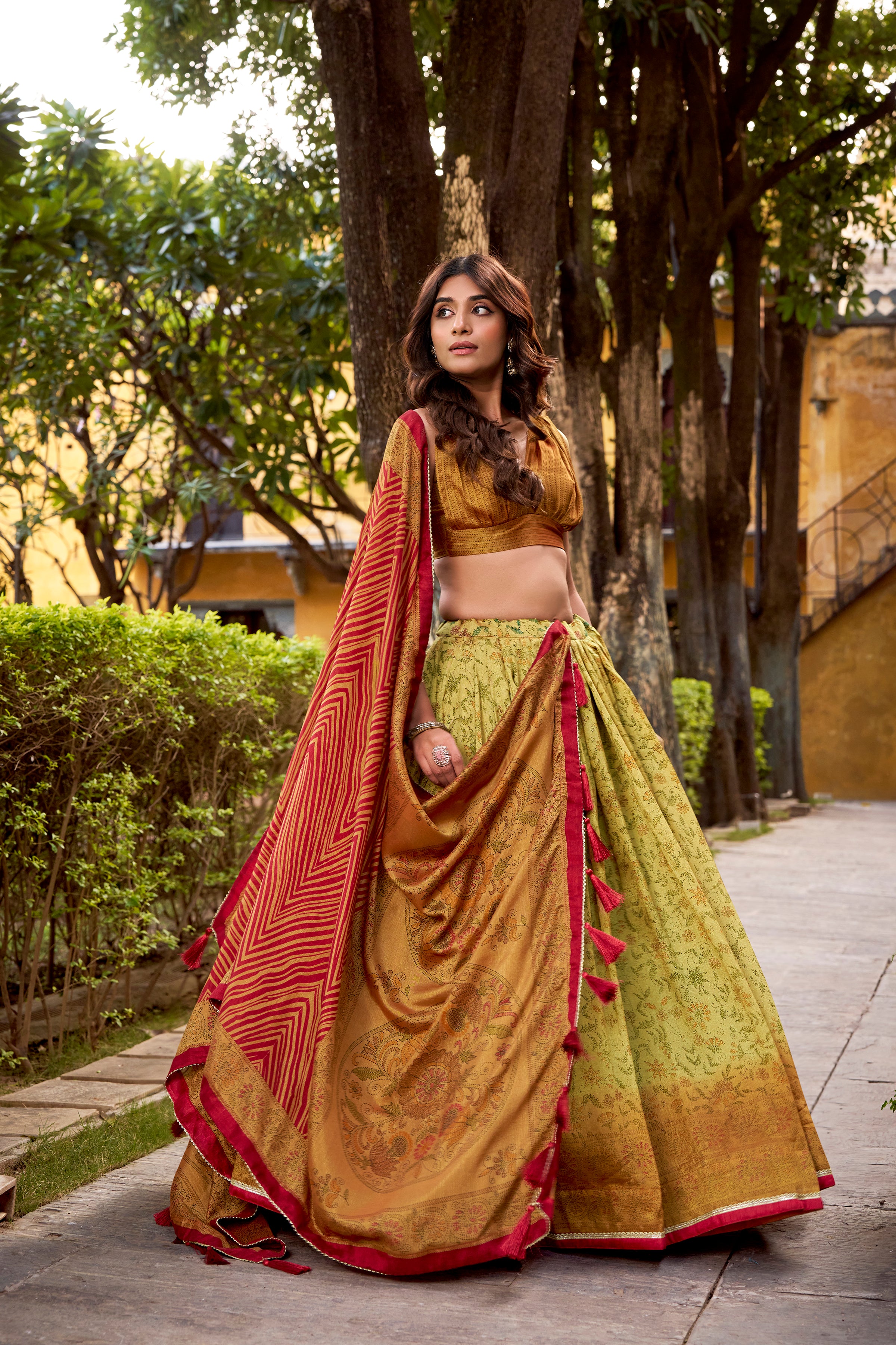 Chitra Mustard Yellow Color Vichitra Silk Printed Lehenga Choli With Dupatta