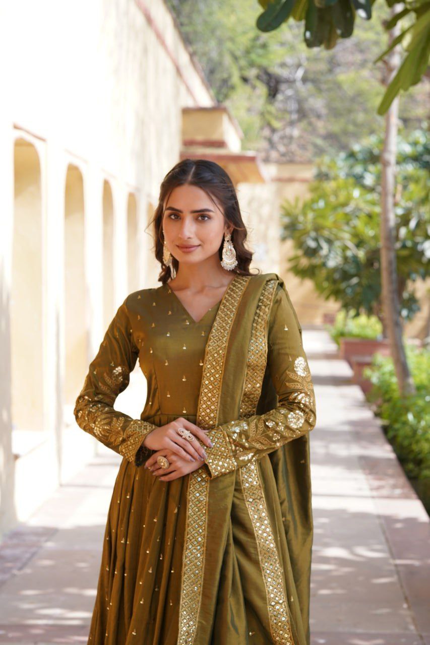 Shreenika mehandi green viscose anarkali gown set