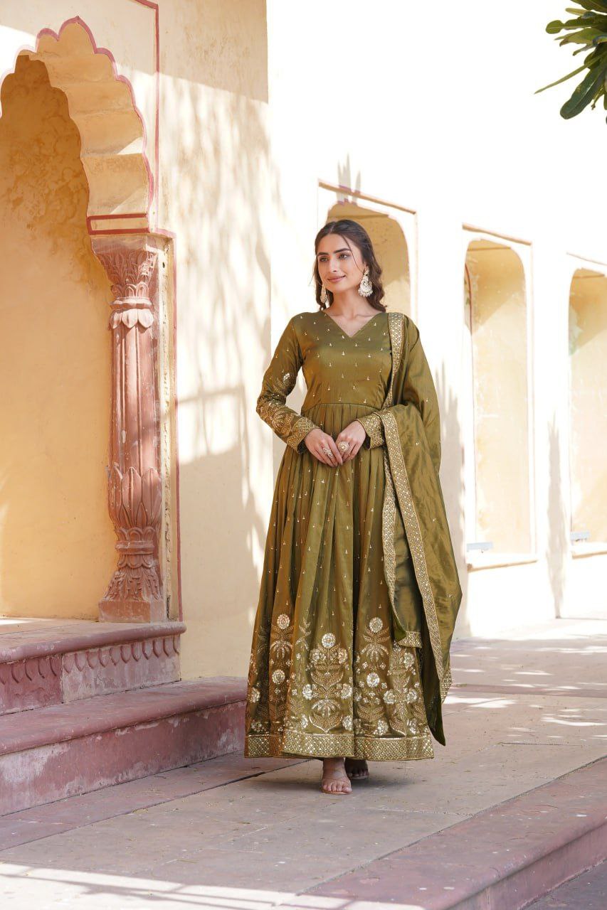 Shreenika mehandi green viscose anarkali gown set