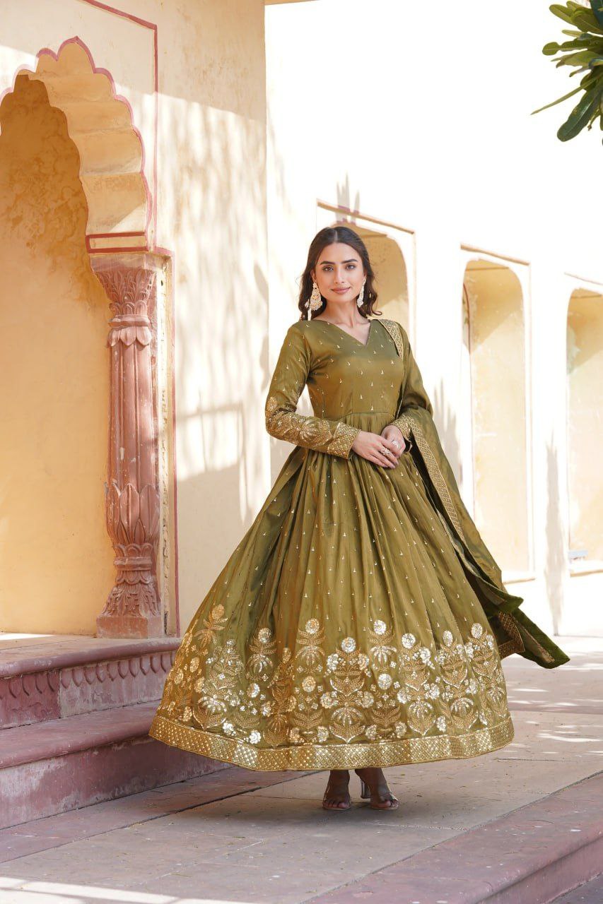 Shreenika mehandi green viscose anarkali gown set