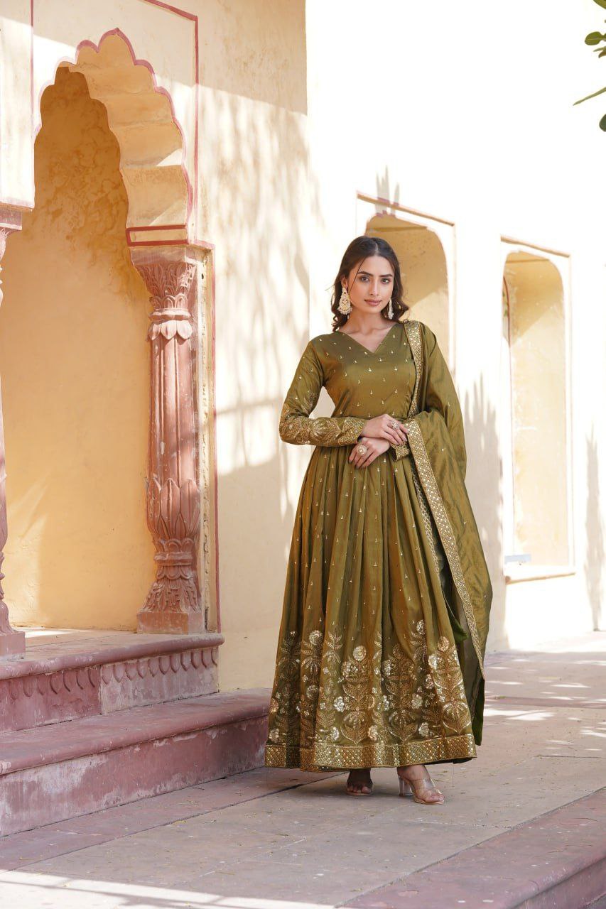Shreenika mehandi green viscose anarkali gown set