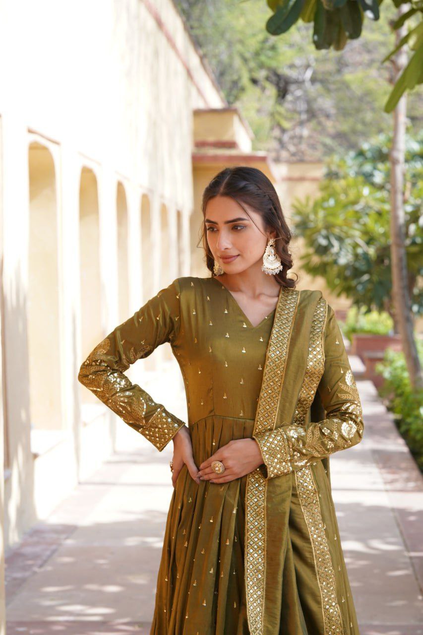 Shreenika mehandi green viscose anarkali gown set