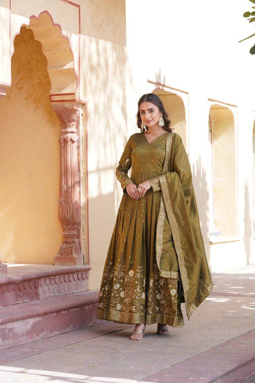 Shreenika mehandi green viscose anarkali gown set