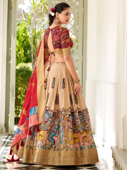 Cream colour dola silk kalamkari printed lehenga choli