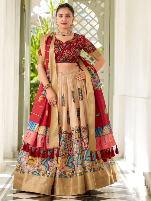 Cream colour dola silk kalamkari printed lehenga choli