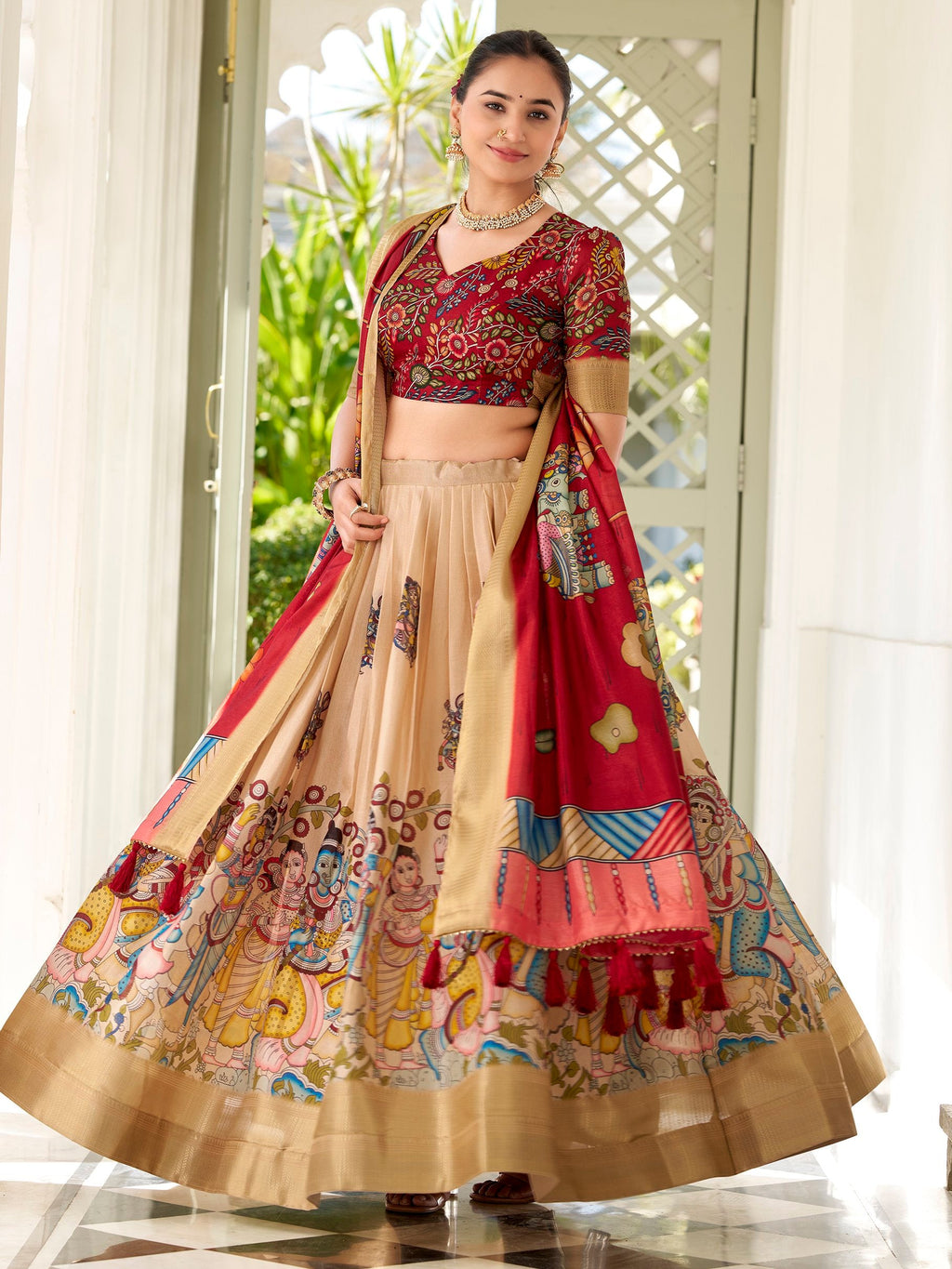 Cream Colour Dola Silk Kalamkari Printed Traditional Lehenga Choli
