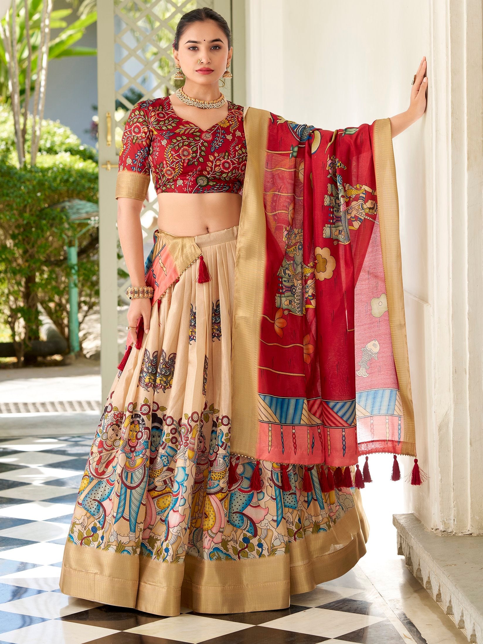 Cream Colour Dola Silk Kalamkari Printed Traditional Lehenga Choli