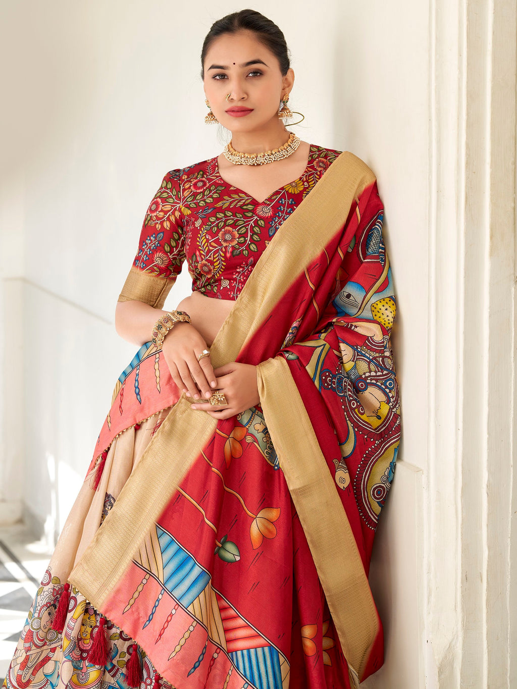 Cream Colour Dola Silk Kalamkari Printed Traditional Lehenga Choli