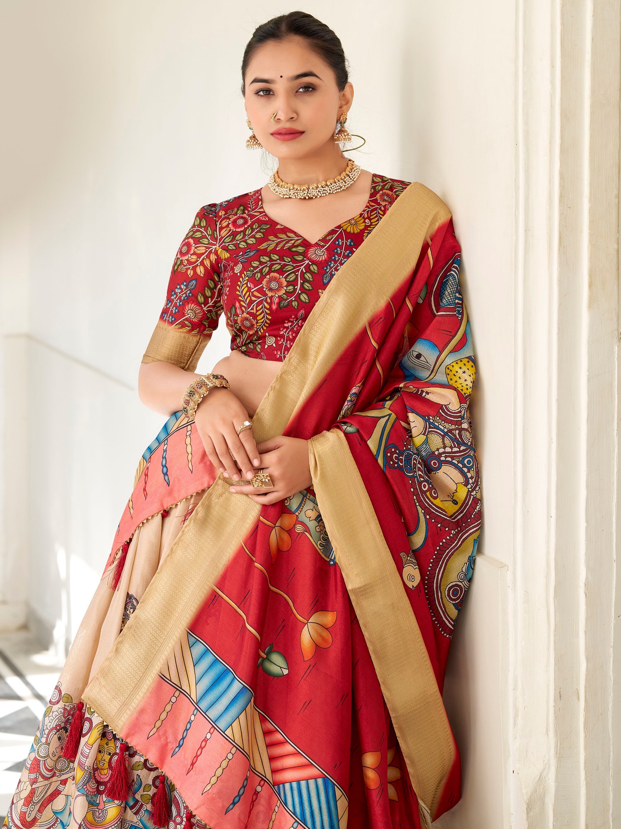 Cream Colour Dola Silk Kalamkari Printed Traditional Lehenga Choli