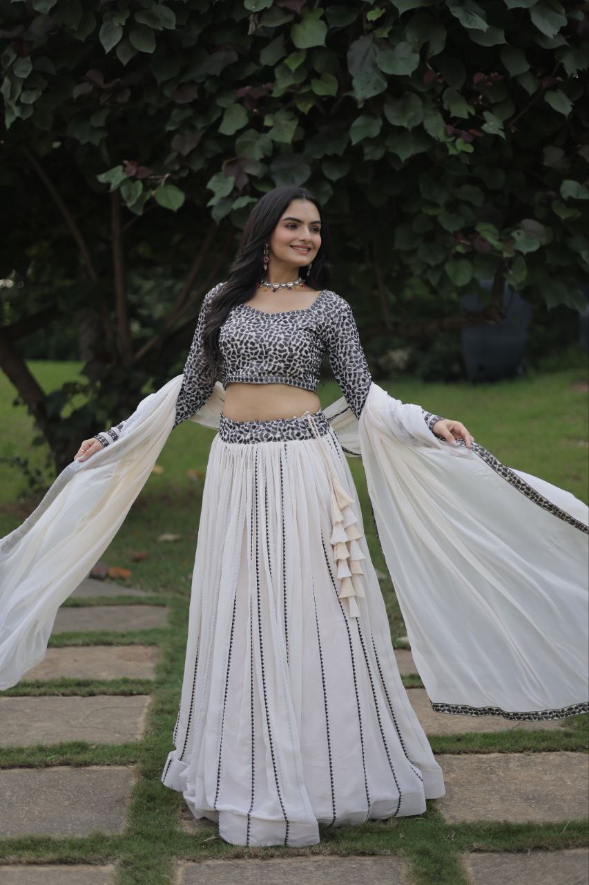 Cream coloured georgette sequins designer party lehenga