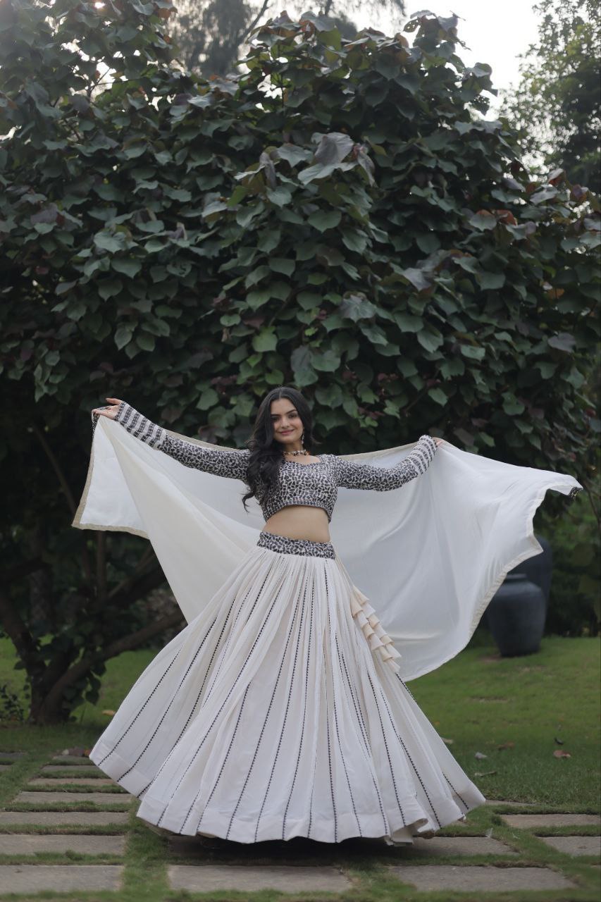Cream coloured georgette sequins designer party lehenga