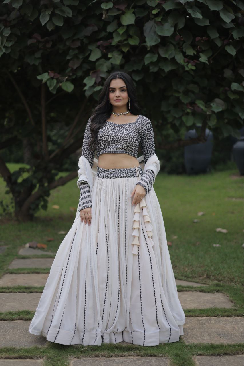 Cream coloured georgette sequins designer party lehenga