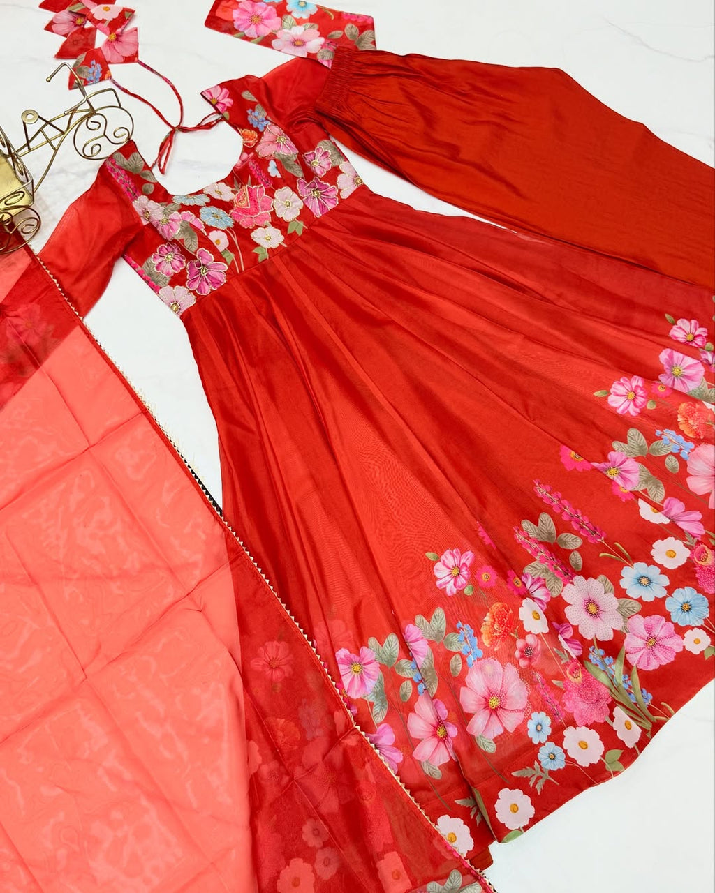 Darshika Orange Organza Floral Printed Anarkali Suit Set