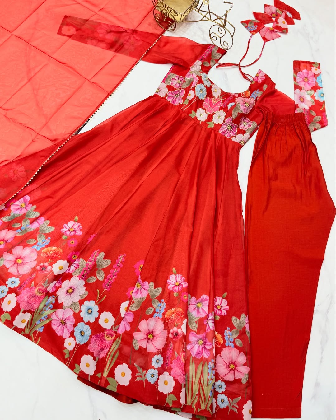 Darshika Orange Organza Floral Printed Anarkali Suit Set