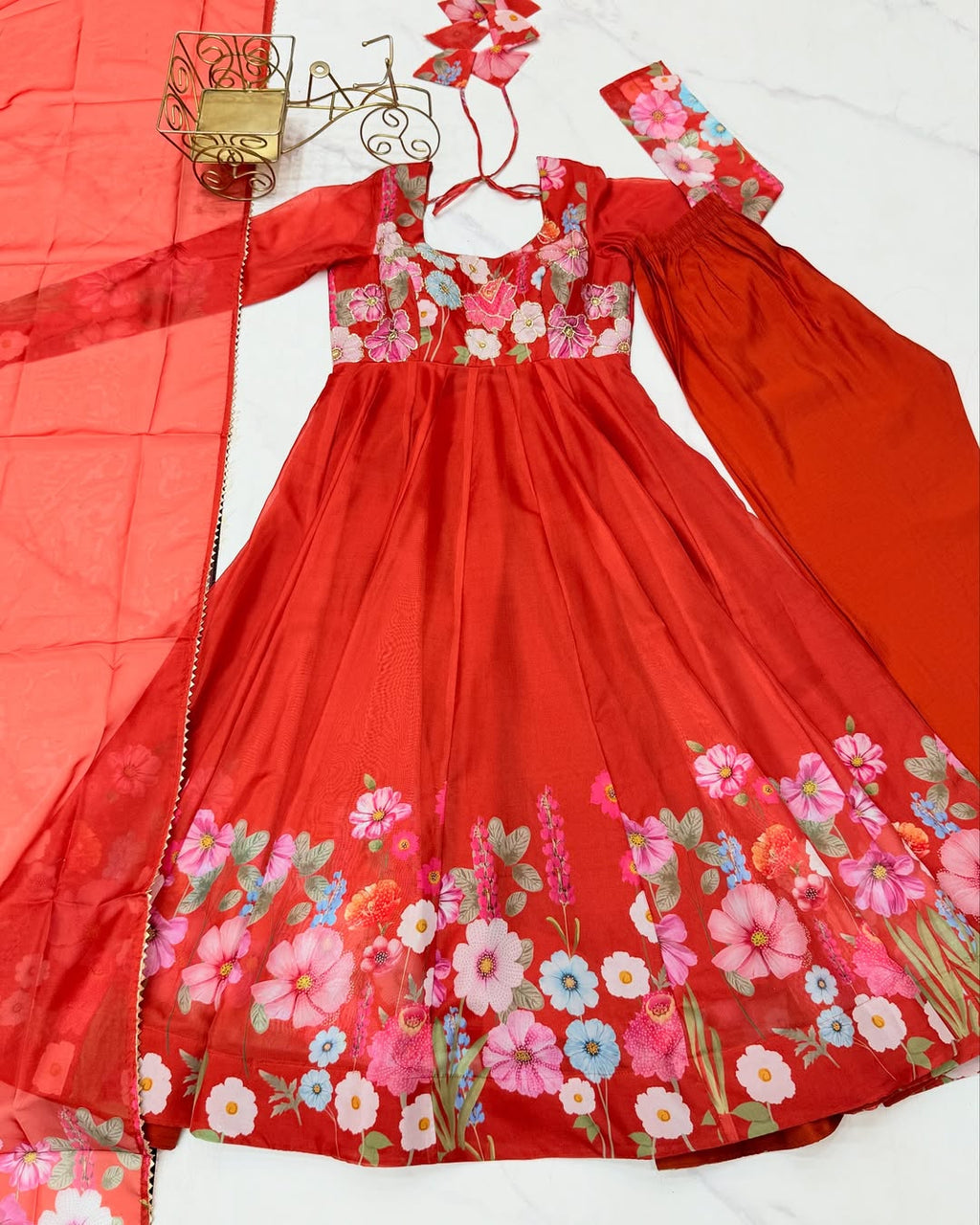 Darshika Orange Organza Floral Printed Anarkali Suit Set