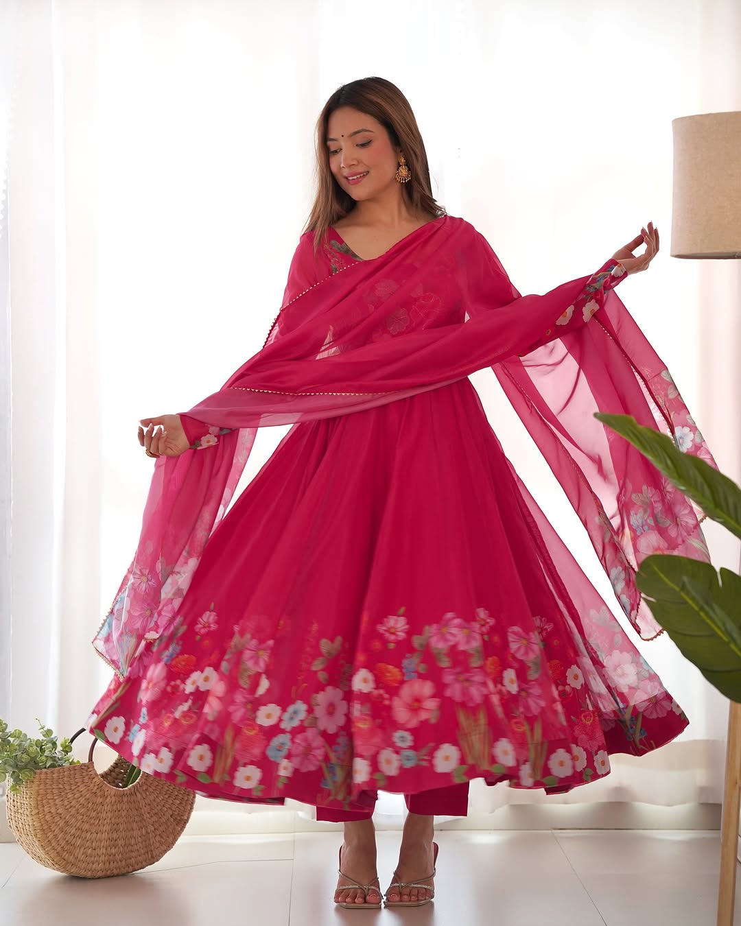 Darshika Pink Organza Floral Printed Anarkali Suit Set
