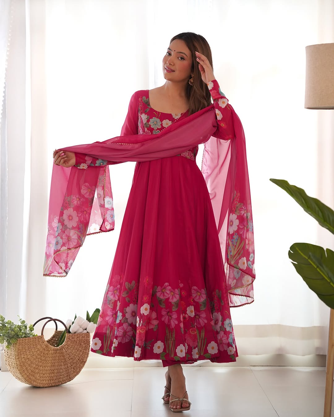 Darshika Pink Organza Floral Printed Anarkali Suit Set