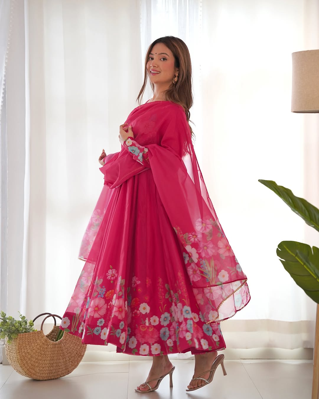 Darshika Pink Organza Floral Printed Anarkali Suit Set