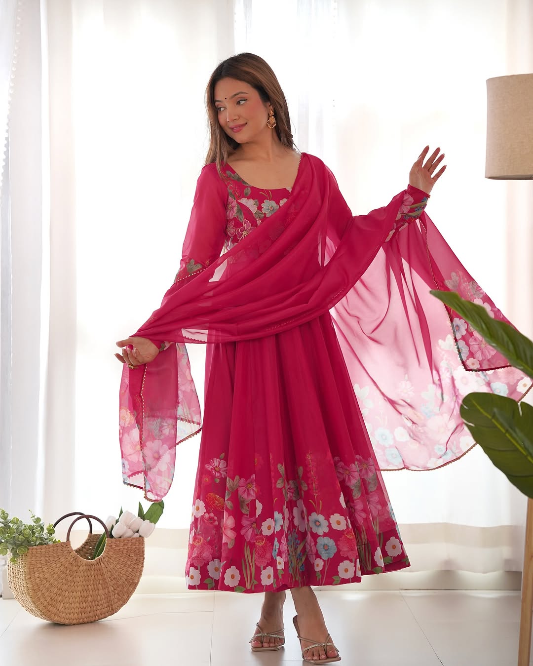Darshika Pink Organza Floral Printed Anarkali Suit Set