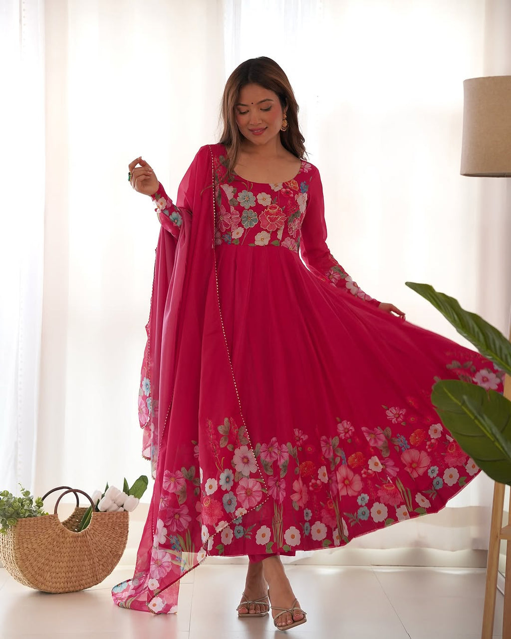 Darshika Pink Organza Floral Printed Anarkali Suit Set