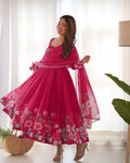 Darshika Pink Organza Floral Printed Anarkali Suit Set