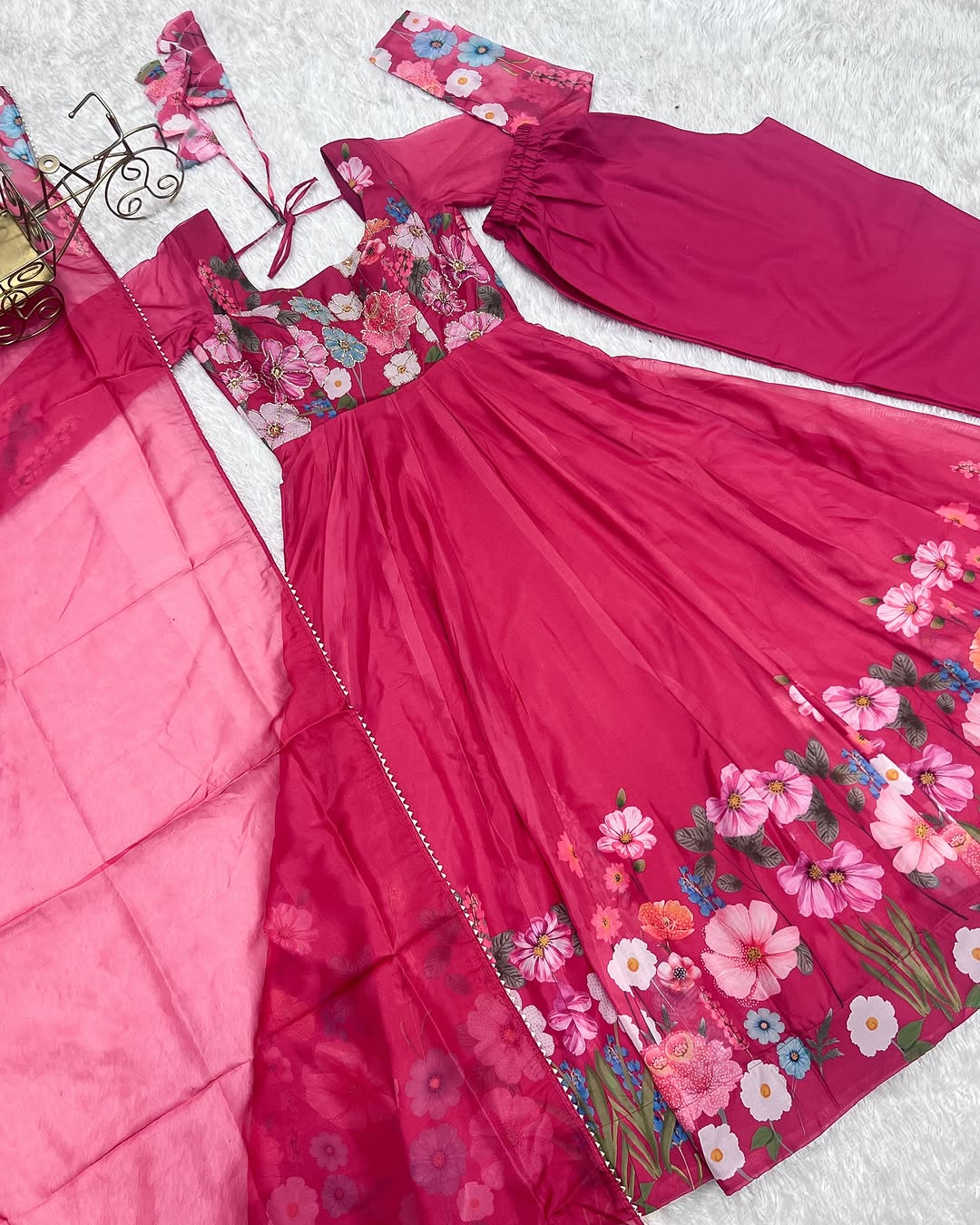 Darshika Pink Organza Floral Printed Anarkali Suit Set