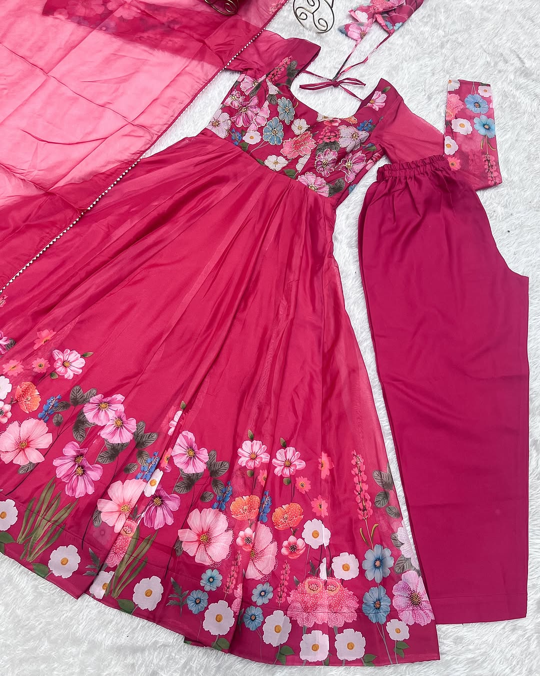 Darshika Pink Organza Floral Printed Anarkali Suit Set