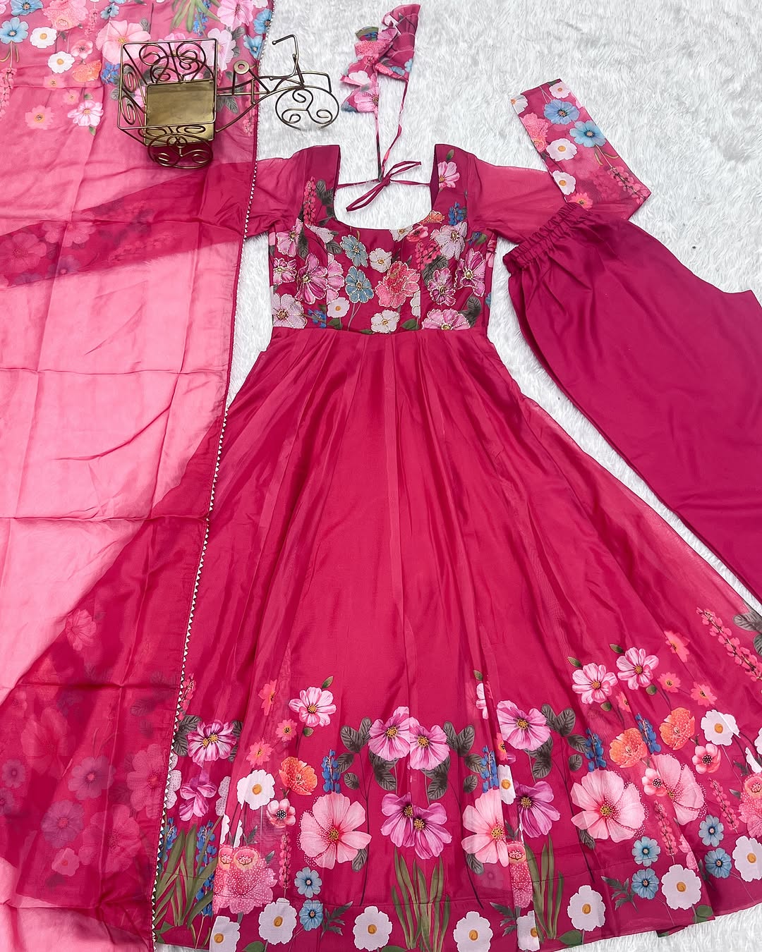 Darshika Pink Organza Floral Printed Anarkali Suit Set